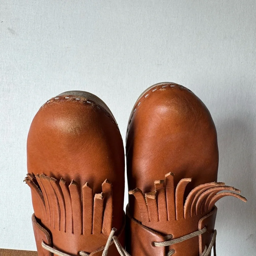Bryr Leather Fringe Clogs Cottagecore Boho Handmade Wooden Sole 5 Scandi Chic - Picture 4 of 5